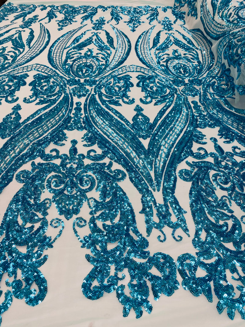 Turquoise Sequins Fabric, Lt Blue Mesh Damask Design 4 Way Stretch Sequin Fabric Mesh-Prom-Gown By The Yard