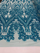Turquoise Sequins Fabric, Lt Blue Mesh Damask Design 4 Way Stretch Sequin Fabric Mesh-Prom-Gown By The Yard