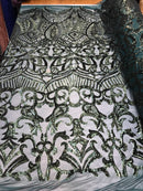 Hunter Green Sequin Fabric, Royalty Design Embroidered With Sequin on a 4 Way Stretch Sequin Fabric Mesh-Prom-Gown By The Yard