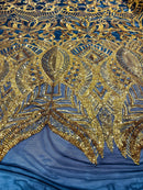 Iridescent Sequin Fabric - Gold on Black - 4 Way Stretch Royalty Lace Sequin By Yard