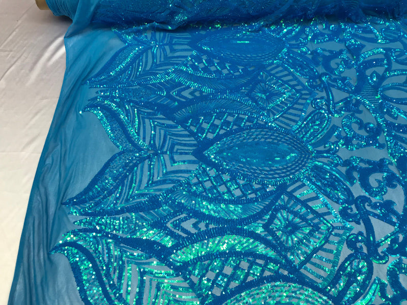 Iridescent turquoise Sequin Fabric, Royalty Design Embroidered With Sequin on a 4 Way Stretch Sequin Fabric Mesh-Prom-Gown By The Yard