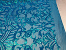Iridescent turquoise Sequin Fabric, Royalty Design Embroidered With Sequin on a 4 Way Stretch Sequin Fabric Mesh-Prom-Gown By The Yard