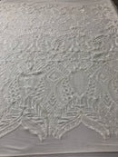 Iridescent Sequin Fabric - White - 4 Way Stretch Royalty Lace Sequin By Yard