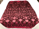 Burgundy Sequin Fabric, Royalty Design Embroidered With Sequin on a 4 Way Stretch Sequin Fabric Mesh-Prom-Gown By The Yard