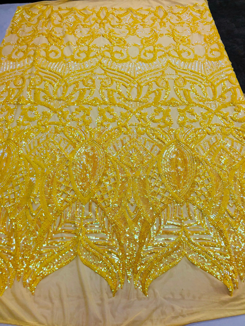 Iridescent Yellow Sequin Fabric, Royalty Design Embroidered With Sequin on a 4 Way Stretch Sequin Fabric Mesh-Prom-Gown By The Yard
