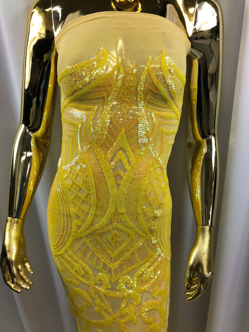 Iridescent Yellow Sequin Fabric, Royalty Design Embroidered With Sequin on a 4 Way Stretch Sequin Fabric Mesh-Prom-Gown By The Yard