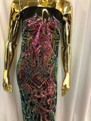 Iridescent Rainbow Sequin Fabric, Royalty Design Embroidered With Sequin on a 4 Way Stretch Sequin Fabric Mesh-Prom-Gown By The Yard