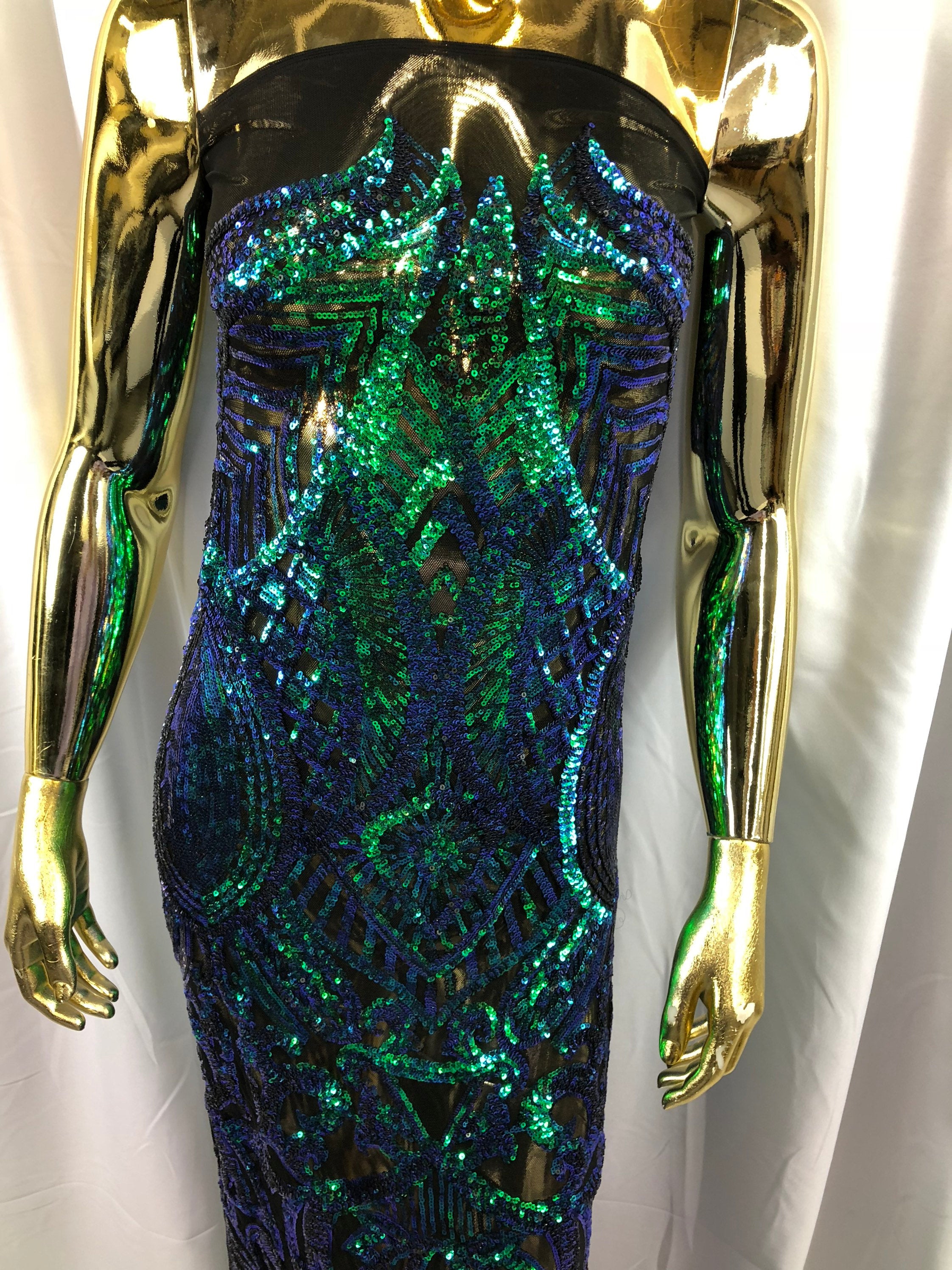 Iridescent Green Sequin Fabric, Royalty Design Embroidered With Sequin