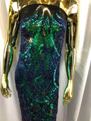 Iridescent Green Sequin Fabric, Royalty Design Embroidered With Sequin on a 4 Way Stretch Sequin Fabric Mesh-Prom-Gown By The Yard