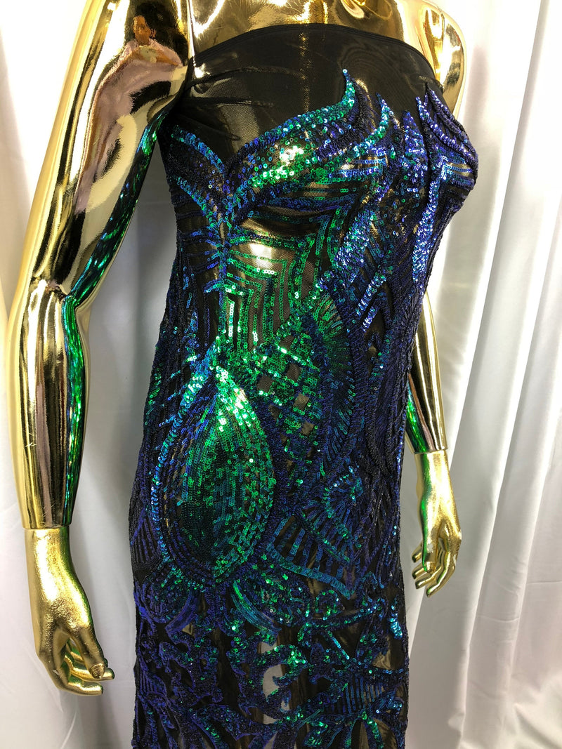 Iridescent Green Sequin Fabric, Royalty Design Embroidered With Sequin on a 4 Way Stretch Sequin Fabric Mesh-Prom-Gown By The Yard