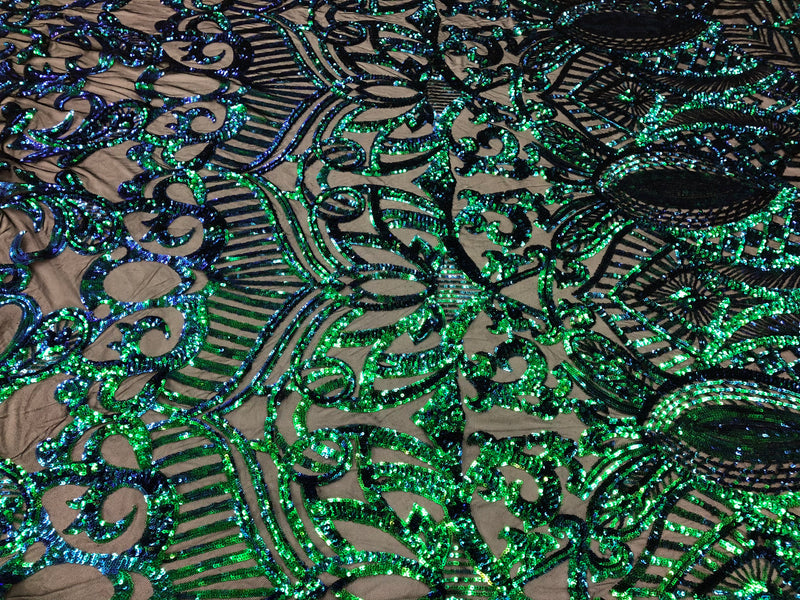 Iridescent Green Sequin Fabric, Royalty Design Embroidered With Sequin on a 4 Way Stretch Sequin Fabric Mesh-Prom-Gown By The Yard
