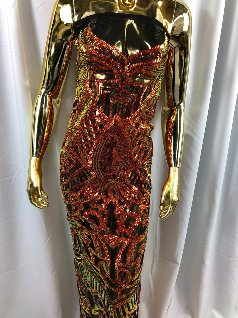 Iridescent Orange Sequin Fabric, Black  Royalty Design Embroidered With Sequin on a 4 Way Stretch Sequin Fabric Mesh-Prom-Gown By The Yard