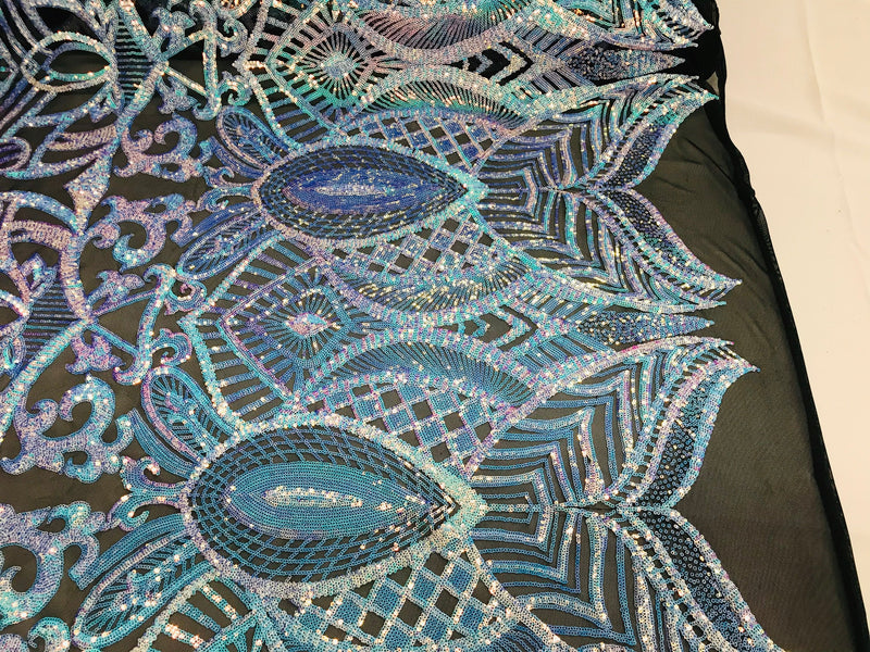 Iridescent Aqua/Blue Sequin Fabric, Royalty Design Embroidered With Sequin on a 4 Way Stretch Sequin Fabric Mesh-Prom-Gown By The Yard