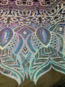 Iridescent Aqua/Blue Sequin Fabric, Royalty Design Embroidered With Sequin on a 4 Way Stretch Sequin Fabric Mesh-Prom-Gown By The Yard