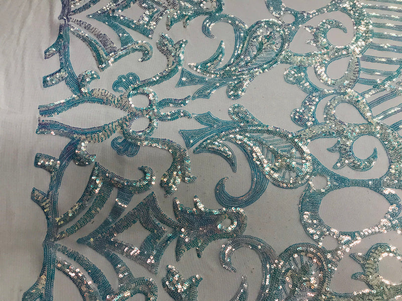 Iridescent Sequin Fabric - Iridescent Clear - 4 Way Stretch Royalty Lace Sequin By Yard