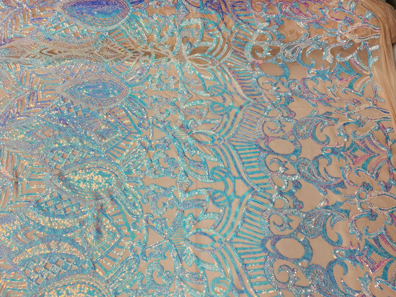 Iridescent Sequin Fabric - Iridescent Aqua Blue - 4 Way Stretch Royalty Lace Sequin By Yard