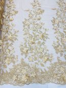 Champagne 3D Floral Design Embroider and Beaded With Pearls On a Mesh Lace-Prom-Dresses-Nightgown-Apparel-Fashion By The Yard