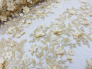 Champagne 3D Floral Design Embroider and Beaded With Pearls On a Mesh Lace-Prom-Dresses-Nightgown-Apparel-Fashion By The Yard