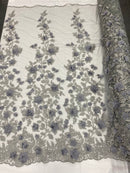 Silver Two Tone 3D Floral Design Embroider and Beaded With Pearls On a Mesh Lace-Prom-Dresses-Nightgown-Apparel-Fashion By The Yard