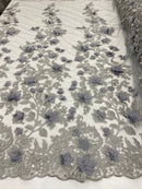 Silver Two Tone 3D Floral Design Embroider and Beaded With Pearls On a Mesh Lace-Prom-Dresses-Nightgown-Apparel-Fashion By The Yard