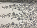 Silver Two Tone 3D Floral Design Embroider and Beaded With Pearls On a Mesh Lace-Prom-Dresses-Nightgown-Apparel-Fashion By The Yard