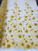Gold Two Tone 3D Floral Design Embroider and Beaded With Pearls On a Mesh Lace-Prom-Dresses-Nightgown-Apparel-Fashion By The Yard