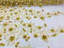 Gold Two Tone 3D Floral Design Embroider and Beaded With Pearls On a Mesh Lace-Prom-Dresses-Nightgown-Apparel-Fashion By The Yard
