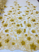 Gold Two Tone 3D Floral Design Embroider and Beaded With Pearls On a Mesh Lace-Prom-Dresses-Nightgown-Apparel-Fashion By The Yard