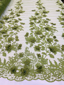 Olive Green Two Tone 3D Floral Design Embroider and Beaded With Pearls On a Mesh Lace-Prom-Dresses-Nightgown-Apparel-Fashion By The Yard