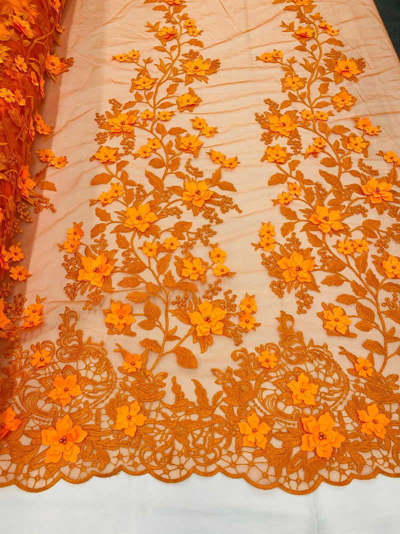 Orange 3D Floral Design Embroider and Beaded With Pearls On a Mesh Lace-Prom-Dresses-Nightgown-Apparel-Fashion By The Yard
