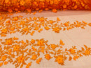 Orange 3D Floral Design Embroider and Beaded With Pearls On a Mesh Lace-Prom-Dresses-Nightgown-Apparel-Fashion By The Yard