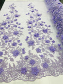 Lt Lilac Tow Tone 3D Floral Design Embroider and Beaded With Pearls On a Mesh Lace-Prom-Dresses-Nightgown-Apparel-Fashion By The Yard