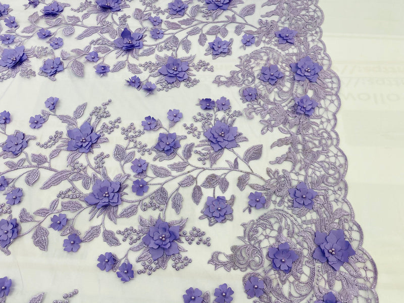 Lt Lilac Tow Tone 3D Floral Design Embroider and Beaded With Pearls On a Mesh Lace-Prom-Dresses-Nightgown-Apparel-Fashion By The Yard