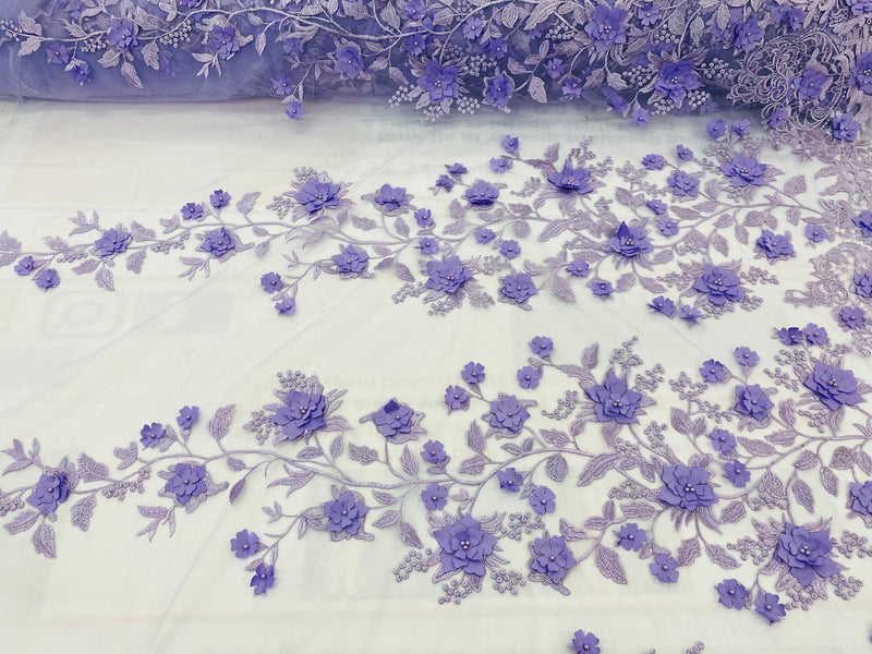 Lt Lilac Tow Tone 3D Floral Design Embroider and Beaded With Pearls On a Mesh Lace-Prom-Dresses-Nightgown-Apparel-Fashion By The Yard