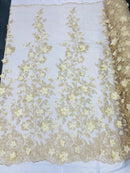 Lt Champagne Tow Tone 3D Floral Design Embroider and Beaded With Pearls On a Mesh Lace-Prom-Dresses-Nightgown-Apparel-Fashion By The Yard
