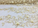 Lt Champagne Tow Tone 3D Floral Design Embroider and Beaded With Pearls On a Mesh Lace-Prom-Dresses-Nightgown-Apparel-Fashion By The Yard