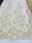 Lt Champagne Tow Tone 3D Floral Design Embroider and Beaded With Pearls On a Mesh Lace-Prom-Dresses-Nightgown-Apparel-Fashion By The Yard