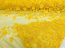 Yellow 3D Floral Design Embroider and Beaded With Pearls On a Mesh Lace-Prom-Dresses-Nightgown-Apparel-Fashion By The Yard