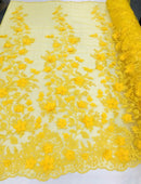 Yellow 3D Floral Design Embroider and Beaded With Pearls On a Mesh Lace-Prom-Dresses-Nightgown-Apparel-Fashion By The Yard