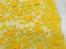 Yellow 3D Floral Design Embroider and Beaded With Pearls On a Mesh Lace-Prom-Dresses-Nightgown-Apparel-Fashion By The Yard