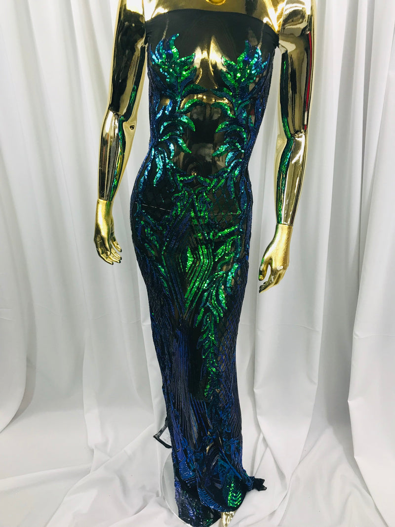 Iridescent Green Sequin Fabric, Geometric Design Embroidered With Sequin on a 4 Way Stretch Sequin Fabric Mesh-Prom-Gown By Yard