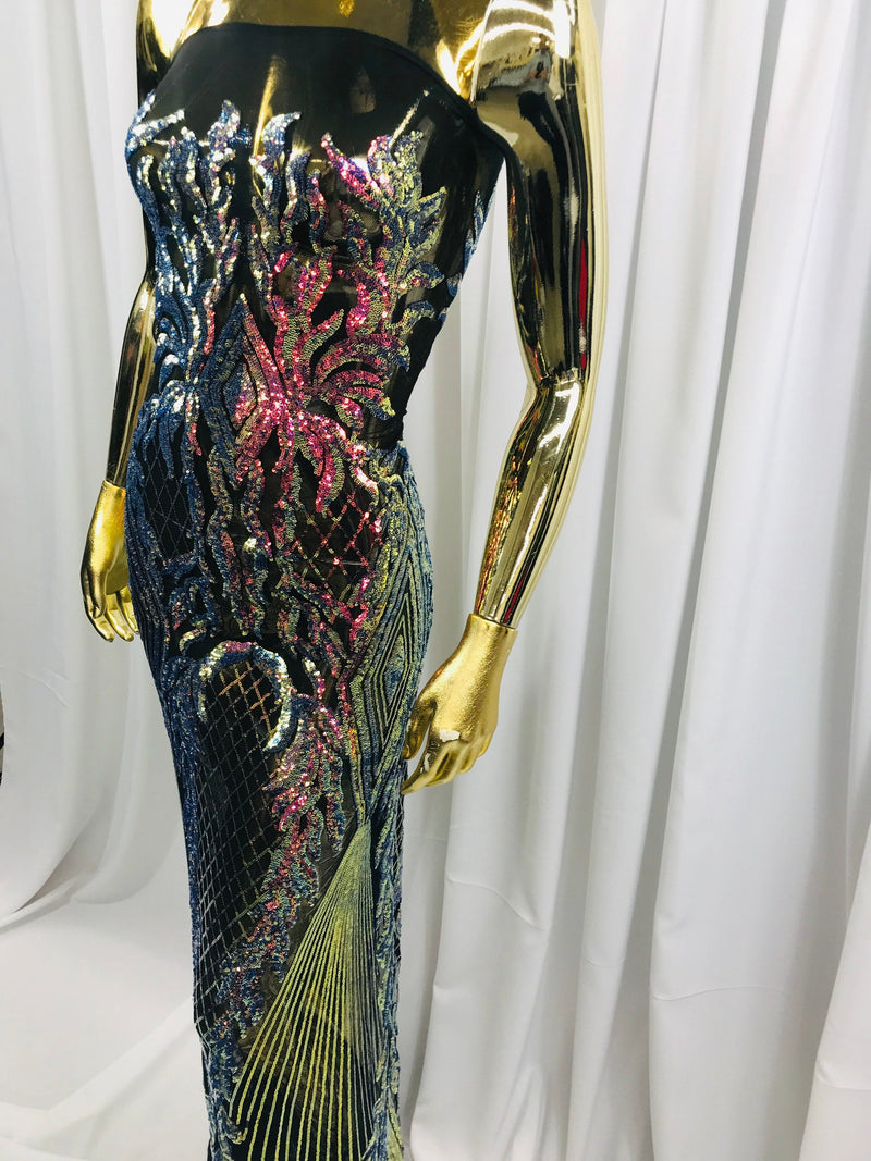 Iridescent Rainbow Sequin Fabric, Geometric Design Embroidered With Sequin on a 4 Way Stretch Sequin Fabric Mesh-Prom-Gown By Yard
