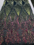Iridescent Rainbow Sequin Fabric, Geometric Design Embroidered With Sequin on a 4 Way Stretch Sequin Fabric Mesh-Prom-Gown By Yard