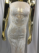White Sequin Fabric, Geometric Design Embroidered With Sequin on a 4 Way Stretch Sequin Fabric Mesh-Prom-Gown By Yard