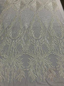 White Sequin Fabric, Geometric Design Embroidered With Sequin on a 4 Way Stretch Sequin Fabric Mesh-Prom-Gown By Yard