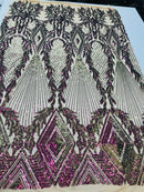 Iridescent Purple Sequin Fabric, Geometric Design Embroidered With Sequin on a 4 Way Stretch Sequin Fabric Mesh-Prom-Gown By Yard