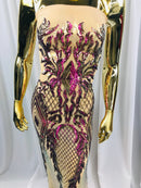 Iridescent Purple Sequin Fabric, Geometric Design Embroidered With Sequin on a 4 Way Stretch Sequin Fabric Mesh-Prom-Gown By Yard