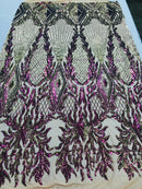 Iridescent Purple Sequin Fabric, Geometric Design Embroidered With Sequin on a 4 Way Stretch Sequin Fabric Mesh-Prom-Gown By Yard