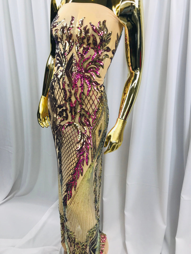 Iridescent Purple Sequin Fabric, Geometric Design Embroidered With Sequin on a 4 Way Stretch Sequin Fabric Mesh-Prom-Gown By Yard