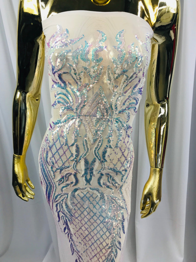 Iridescent Clear Sequin Fabric, Geometric Design Embroidered With Sequin on a 4 Way Stretch Sequin Fabric Mesh-Prom-Gown By Yard